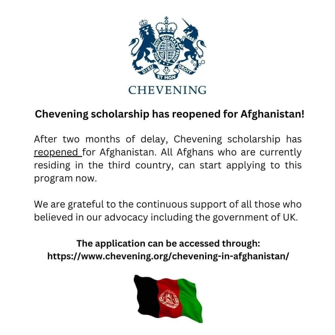 The UK Chevening Scholarship has been reopened for Afghanistan