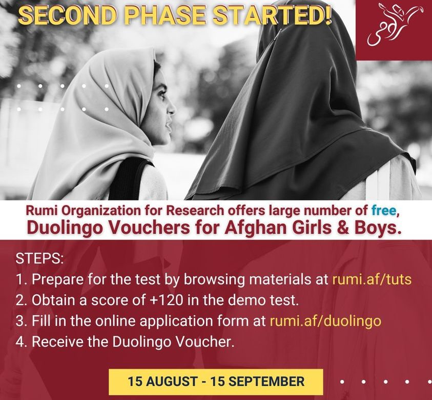 Rumi Organization for Research offers large number of free Duolingo vouchers for Afghan girls and boys