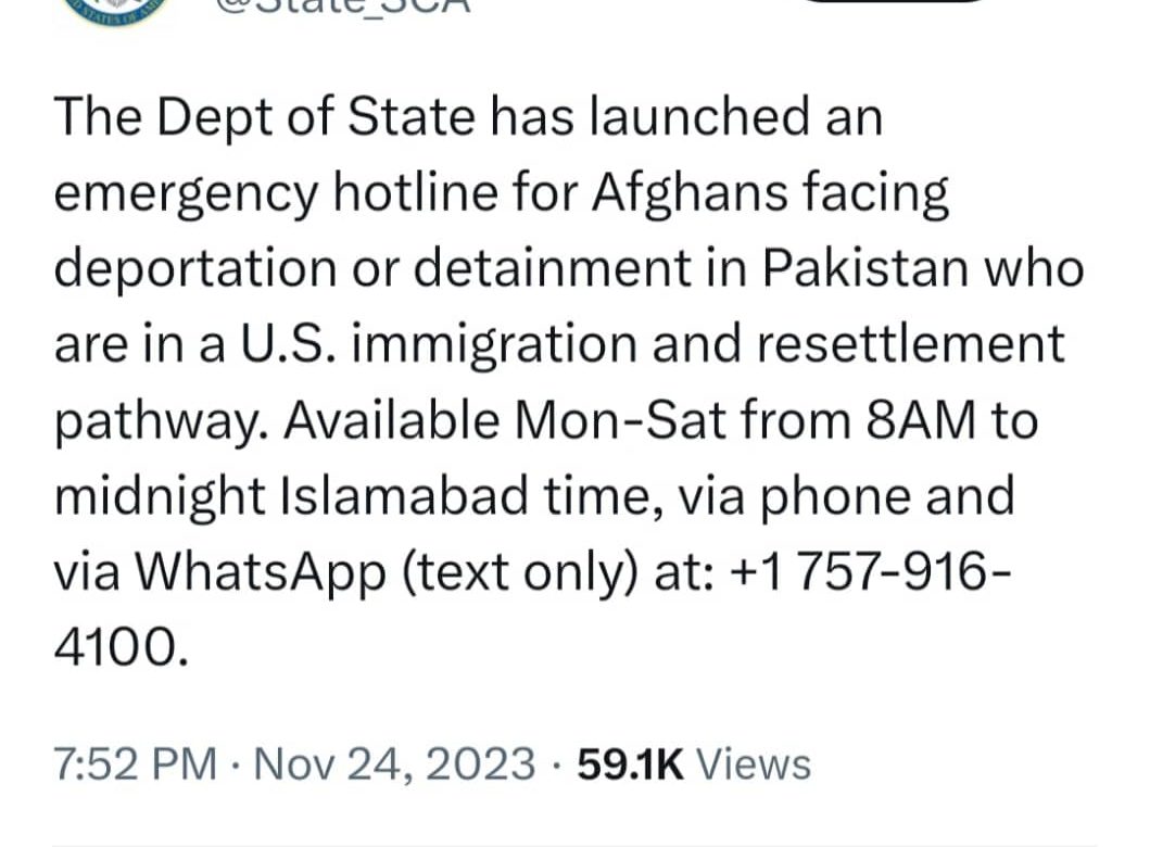U.S. launches emergency hotline for Afghans facing deportation from Pakistan