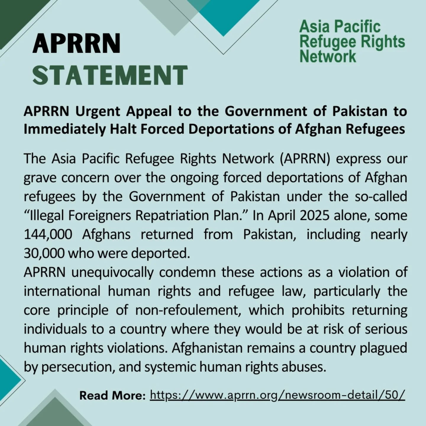 APRRN Urgent Appeal to the Government of Pakistan to Immediately Halt Forced Deportations of Afghan Refugees